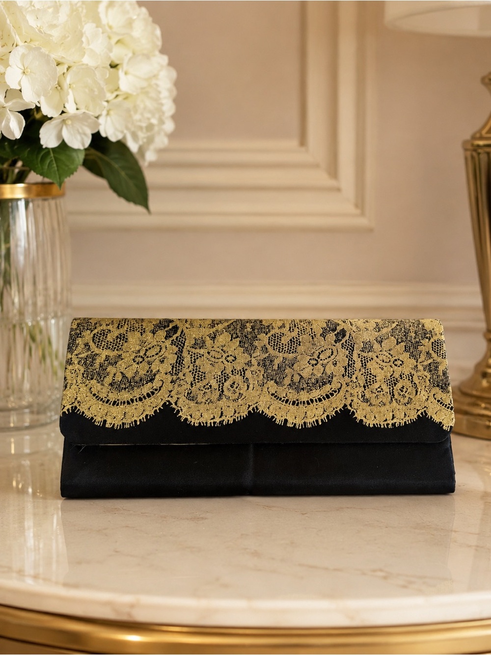 Black Clutch Hand Bag with Gold Lace Overlay
